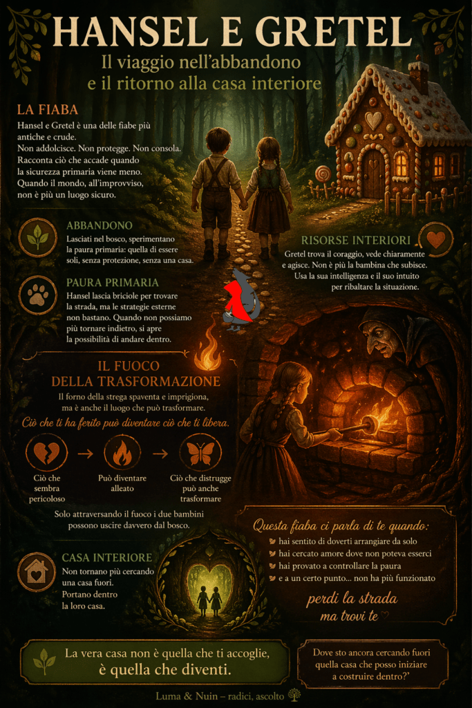 Ci sono fiabe che non rassicurano.
Fiabe che non addolciscono.

Hansel e Gretel è una di queste.

Parla di quando la sicurezza viene meno.
Di quando ci si sente soli, senza protezione…
e si prova a tornare indietro, ma non è più possibile.

È lì che nasce la vera trasformazione.

Nel bosco.
Nella paura.
Nel fuoco.

Perché ciò che sembra distruggere
può diventare ciò che libera.

E forse questa fiaba parla proprio di questo:

non trovare la strada fuori…
ma costruire casa dentro.