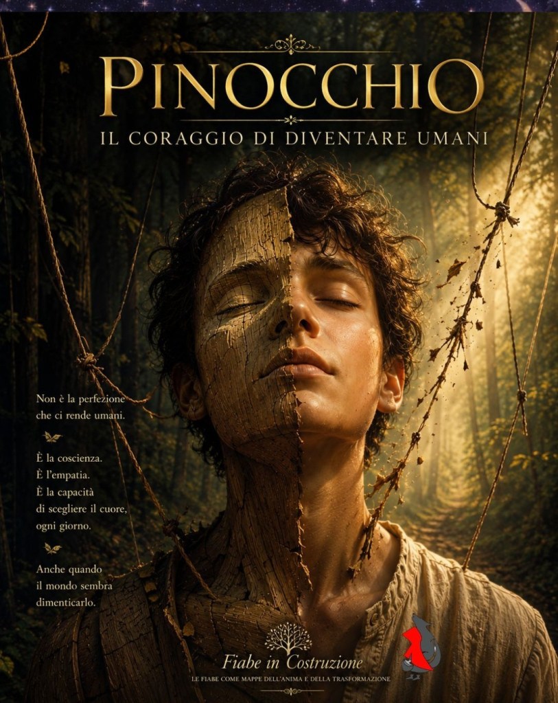 Ci sono fiabe che non smettono mai di parlarci.
Fiabe che ritornano quando il mondo si fa duro,
quando il cuore rischia di dimenticare,
quando diventare umani non è più qualcosa di scontato.
Pinocchio è una di queste.
Non una storia per bambini.
Ma un viaggio simbolico attraverso coscienza, empatia, responsabilità e trasformazione.
🌿 “Pinocchio. Il coraggio di diventare umani” 🌿